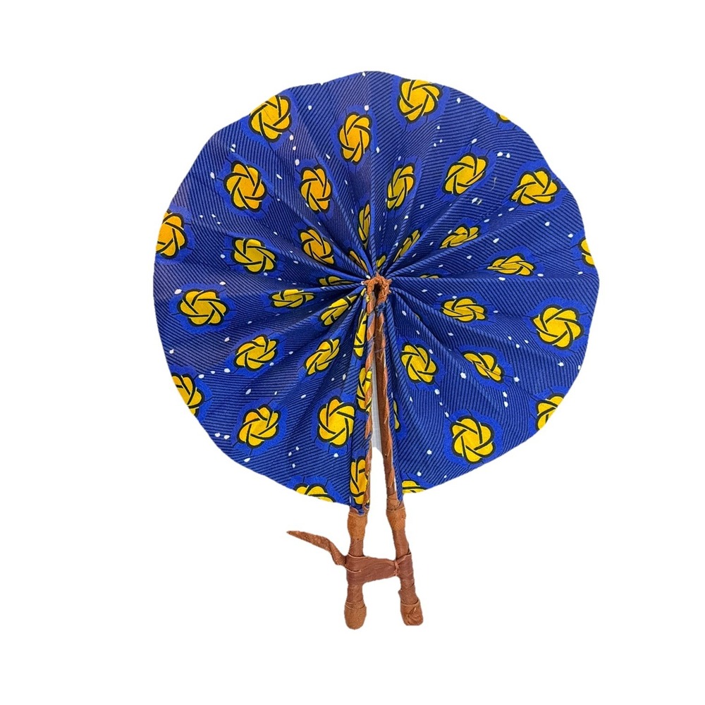 Handmade Ankara Folding Fan African Print Blue & Yellow Weddings Parties Church